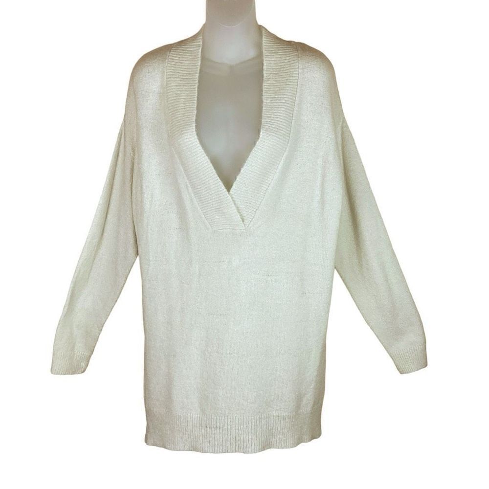 RDI Sweater Tunic V-Neck Cream Pearl Essence Side Slits Oversized Women Small